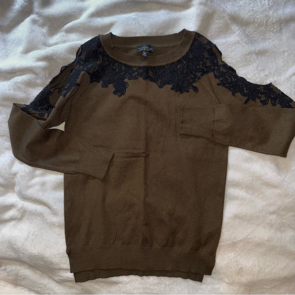 Topshop Brown Sweater with Black Lace Cold Shoulder Detail – Size Small